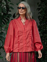 Frill Trim Notched V-Neck Lantern Sleeve Blouse